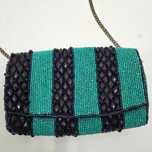 Anthropologie Blue And Black Sequin Beaded Sling Bag Clutch Crossbody Purse